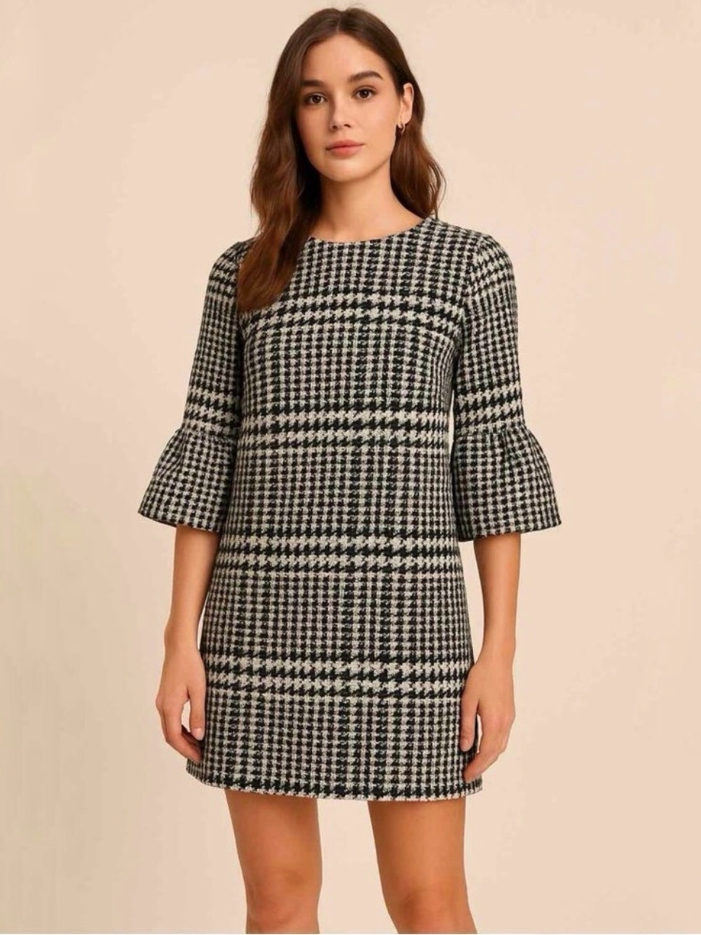 Zara Black & Cream Houndstooth Print Bell Ruffle Sleeve Shift Mini Dress - L